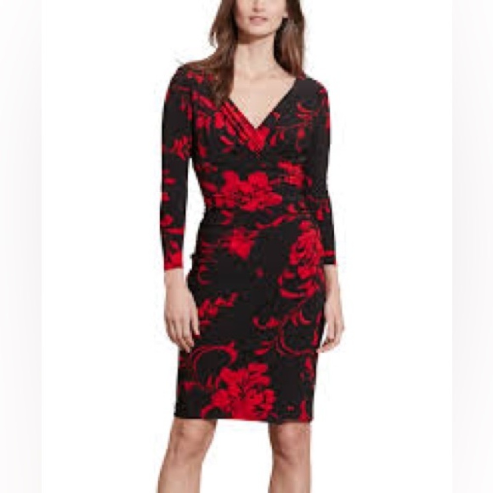 Lauren Ralph Lauren faux wrap dress black long sleeve red floral print size 12